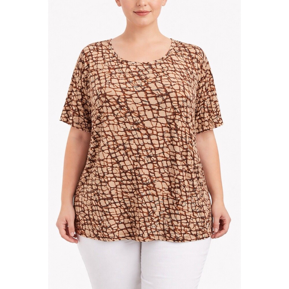 Maggie Barnes Women's 3X Beige Brown Abstract Print Top Stretch Blouse Casual
